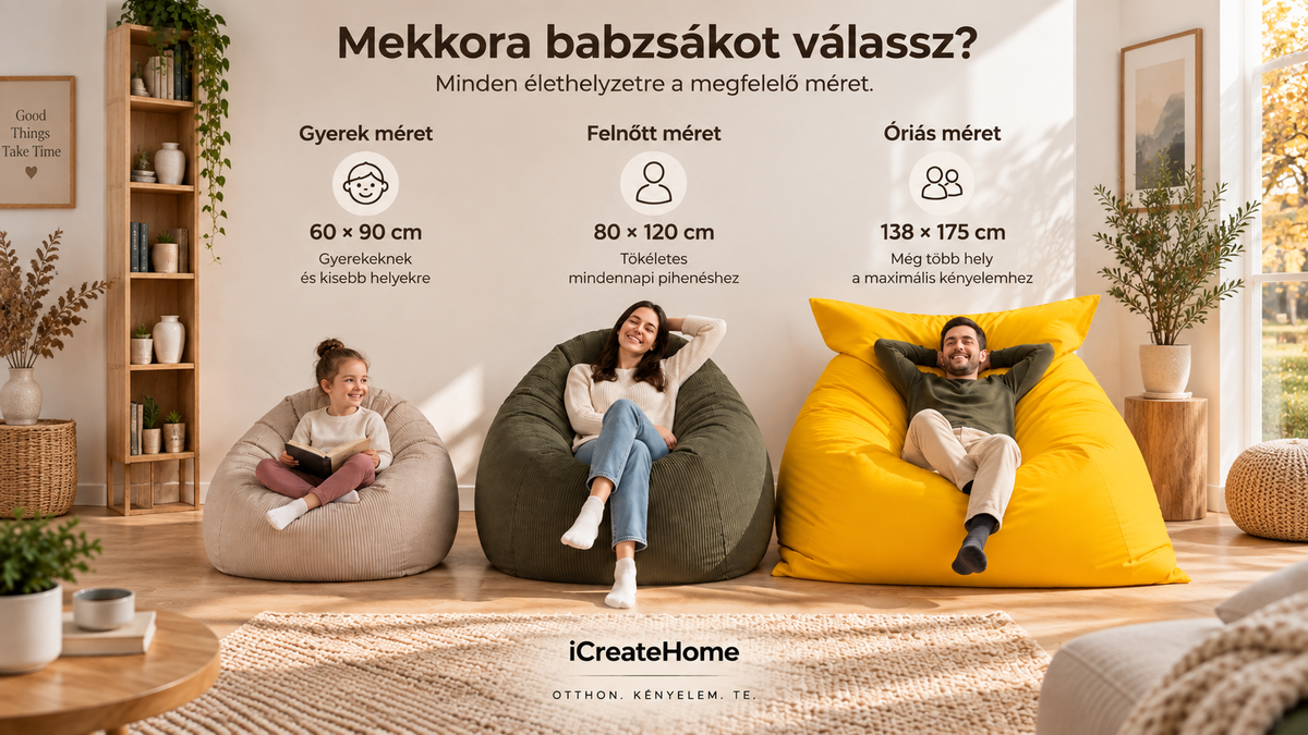 Babzsákfotel méretek összehasonlítása – gyerek, felnőtt és óriás méret
